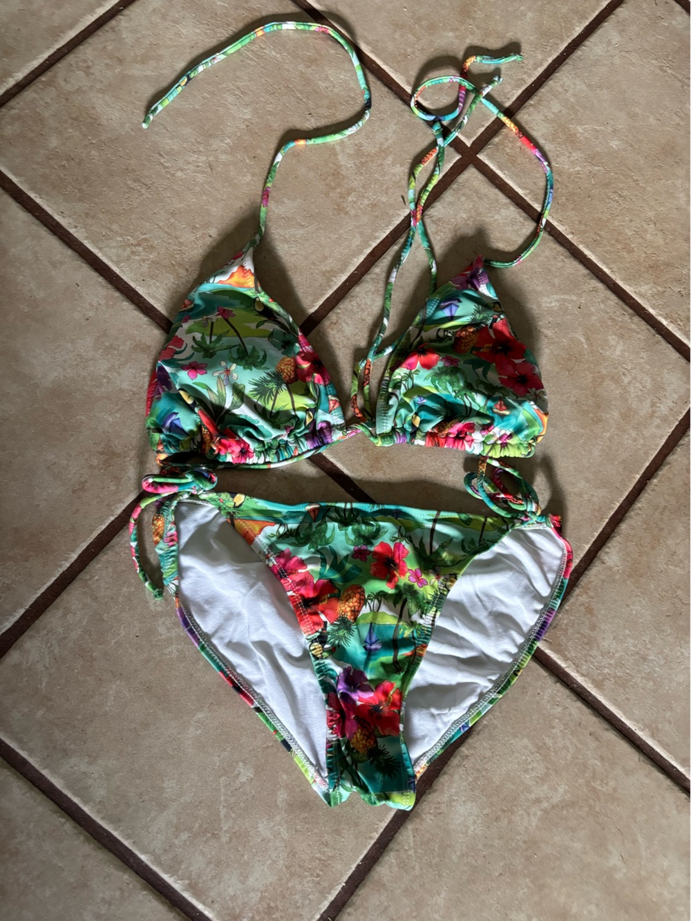 (A312)OP Green Tropical Floral String Bikini - Pink & Orange Accents